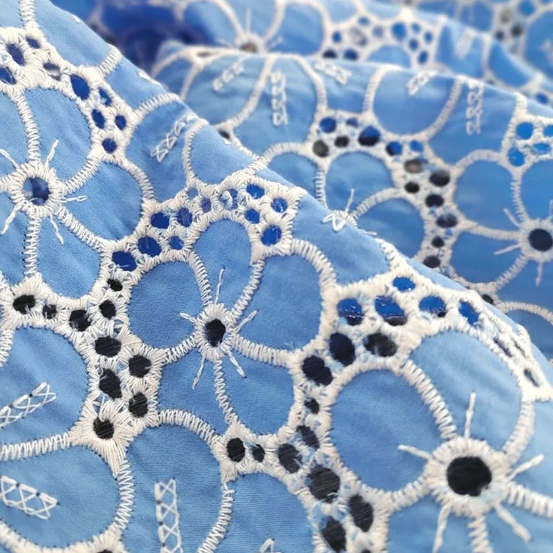 Blue100%Cotton Cloth Hollow-out Embroidered Lace Fabric Handmade DIY Clothes Accessories Width 125cm 1Yard