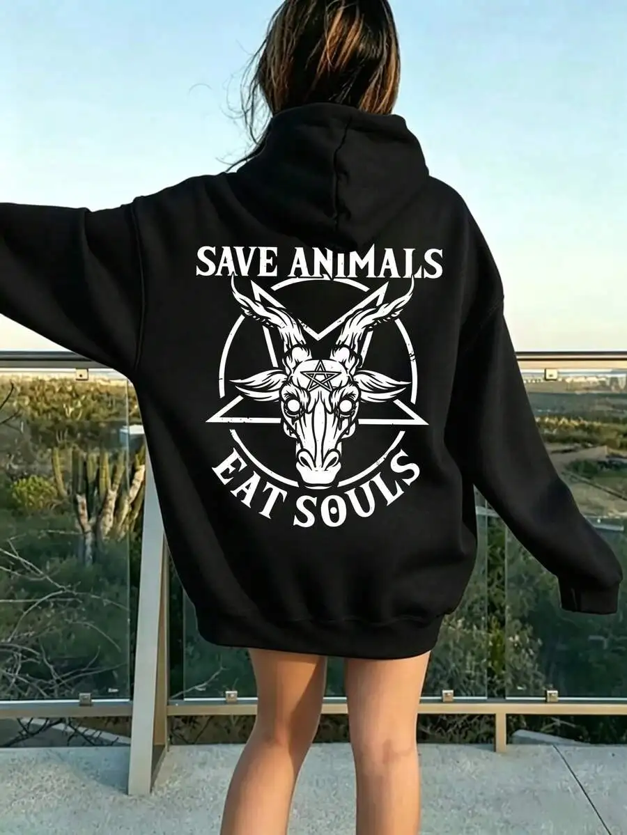 Women's Fall & Winter Graphic Print Hoodie, Save Animals Eat Fleece-Lined Pumpkin Patch Outfits, Daily Hooded Top