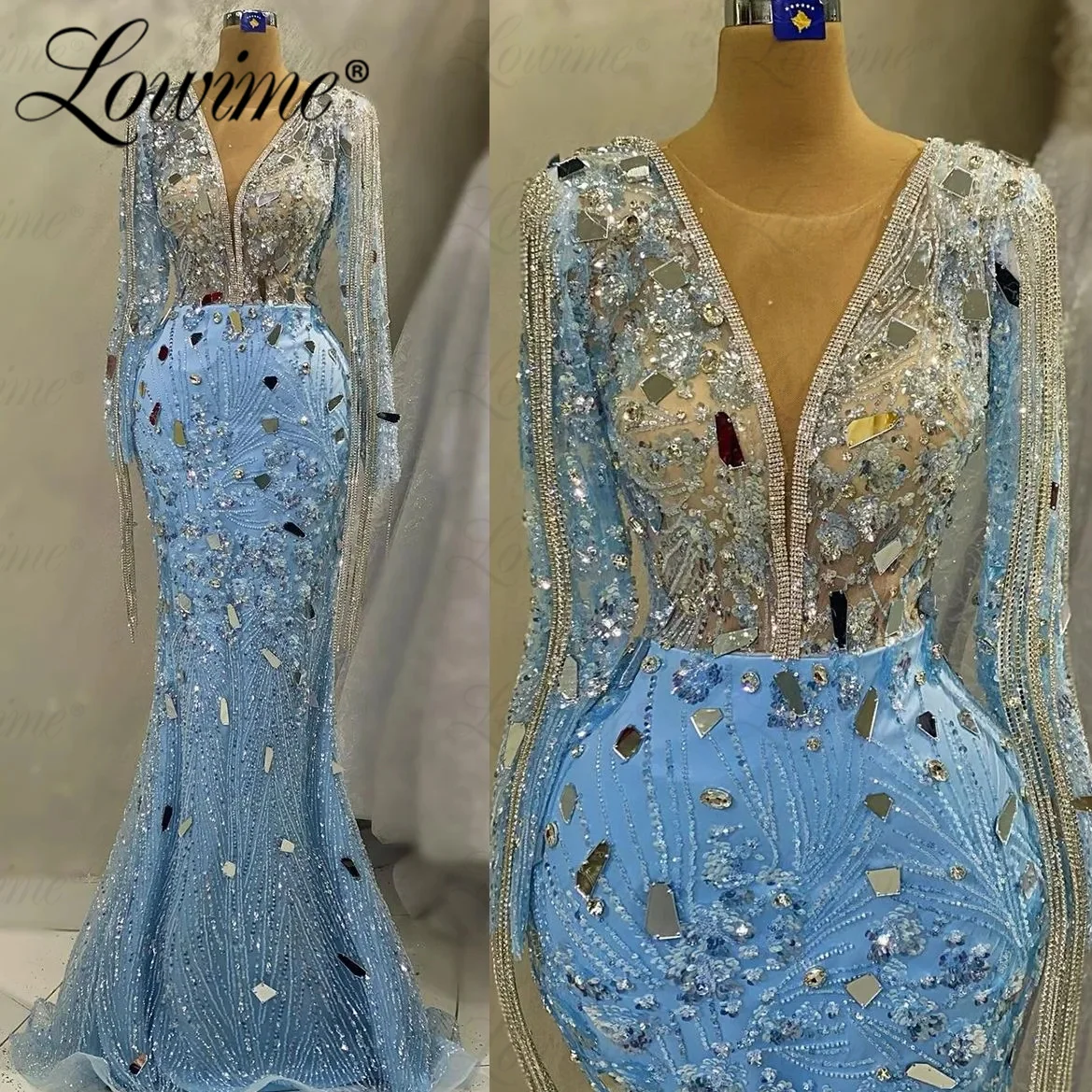 Blue Mermaid Party Dress Long Sleeves Woman Evening Gowns 2023 Robes De Soirée Customize Sequins Tassles Crystal Prom Dresses