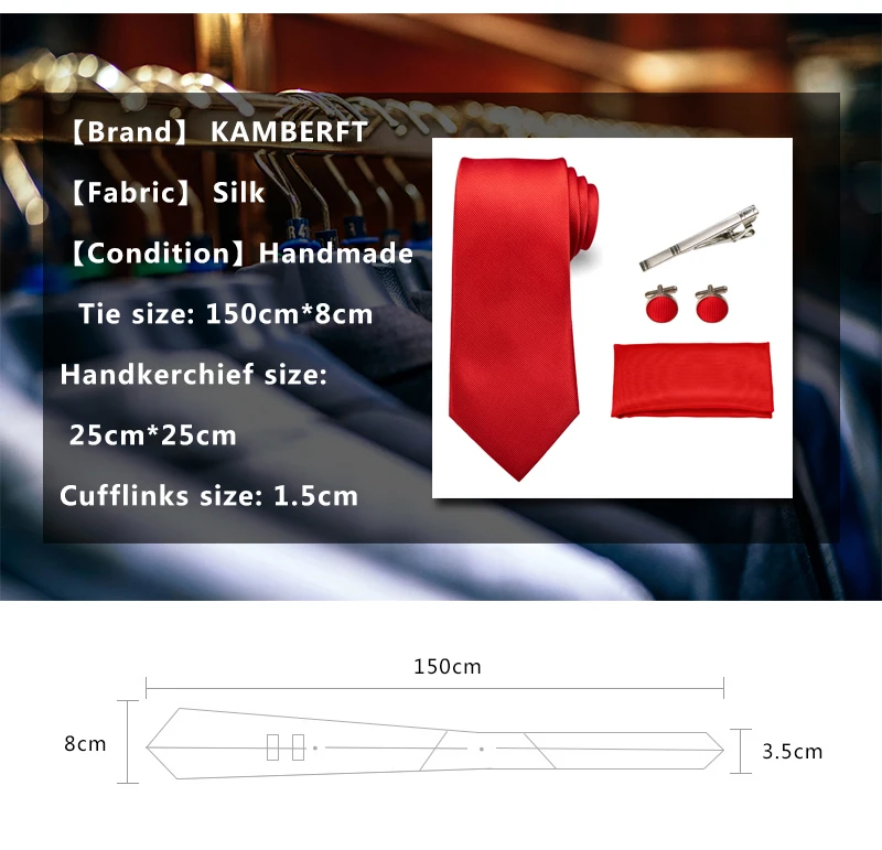 Klassische Seidenkrawatte für Herren in Rot, Blau, Grün, Business-Hochzeitskrawatte für Männer, Set mit Einstecktuch und Manschettenknöpfen, Geschenk für den Bräutigam – Detail 2