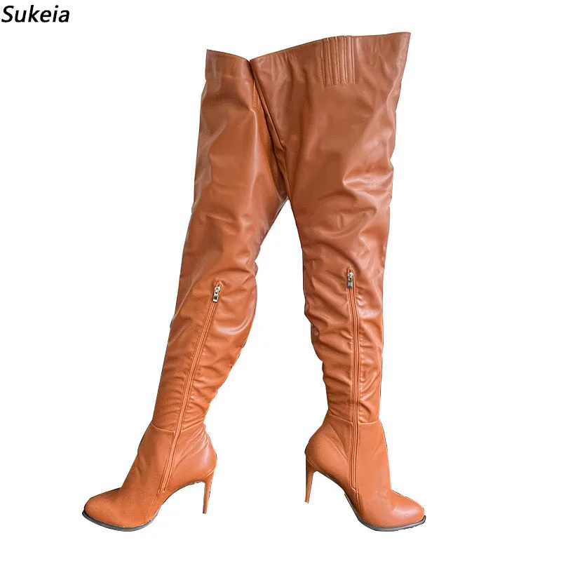 

Sukeia Женские тонкие сапоги до бедра на платформе из искусственной кожи с полумолнией и круглым носком Красивые коричневые вечерние туфли Женские размеры США 5-20