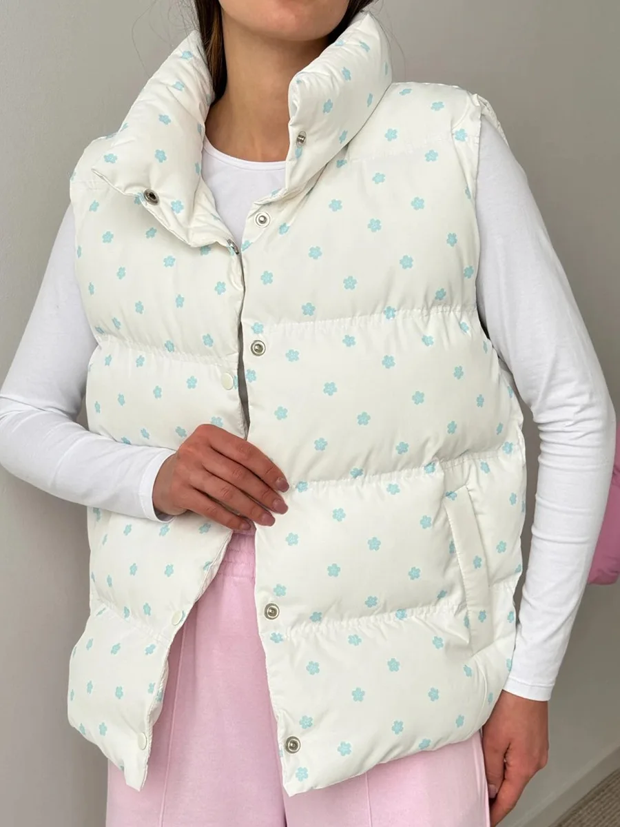 

Wolfeel 2025 Autumn Winter New Women Chic Floral Print Coats Stand Collar Padded Vest Warm Down Cotton Gilet Jacket