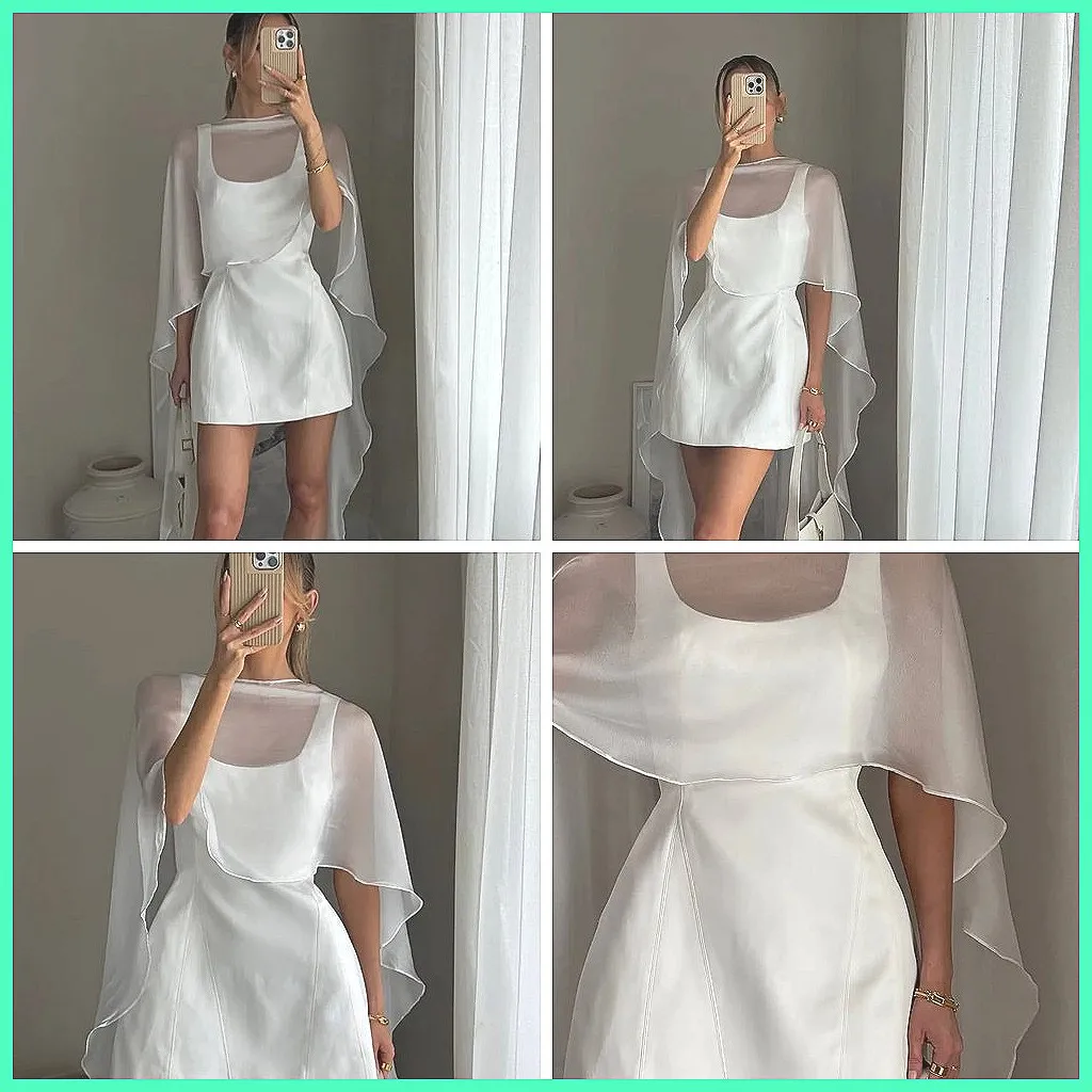 

Chic White Cape Sleeve Mini Dress Women 2026, Elegant See-Through High Waist A-Line Pleated Slip Dress for Daily Streetwear