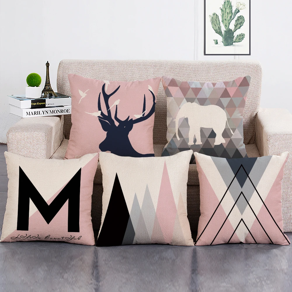 

Nordic Style Decorative Pillowcase Elephant Deer Print Throw Pillows Case Pink Geometric Cushion Cover for Sofa Decor