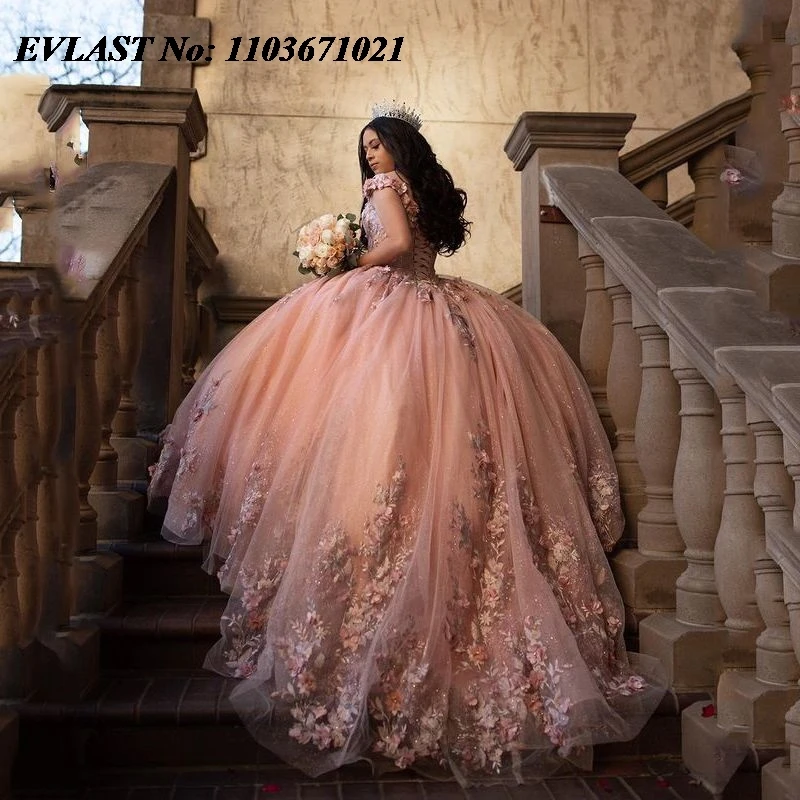 EVLAST gaun manik-manik Applique bunga 3D gaun bola gaun merah muda Quinceanera Meksiko Gaun gaun 16 manis Vestidos De XV 15 Anos SQ32