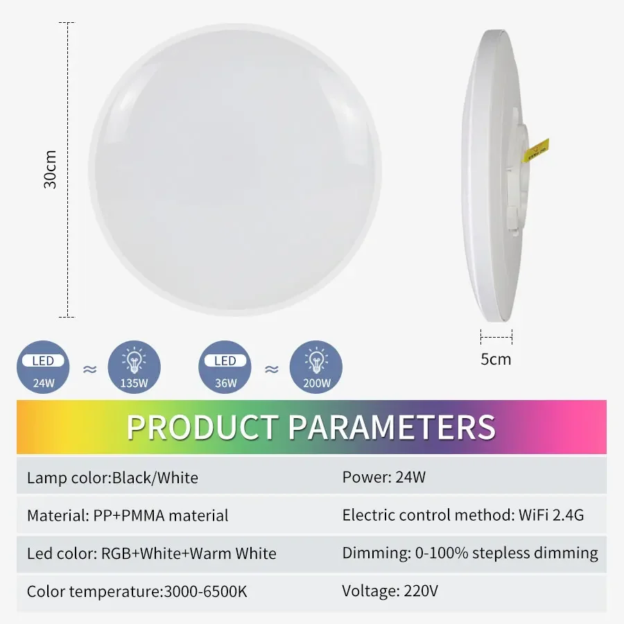 Wifi Led Ceiling Light 220V Tuya Smart Life with RF 2.4G Remote Control Alexa Google RGB White Black Flush Mount Light Fixture image 6