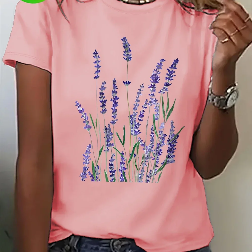 Damen-T-Shirt mit Lavendel-Aufdruck, kurzärmelig, lässiges Oberteil mit Cartoon-Blumenmuster, maschinenwaschbar, für Frühling, Sommer, Herbst