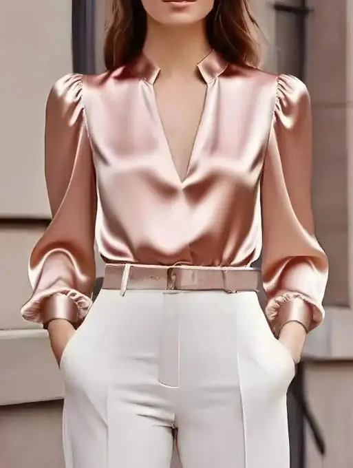 الخريف بلون العميق الخامس الرقبة سليم صالح فقاعة كم الراقية الساتان الشيفون قميص للنساء مزاجه الشيفون قميص #1