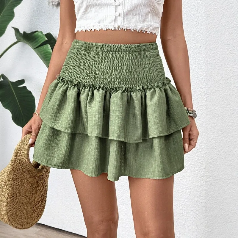 Ladies' sweeping element skirt  new comfortable casual summer short skirt pleated layered half skirt artistic retro A-line skirt