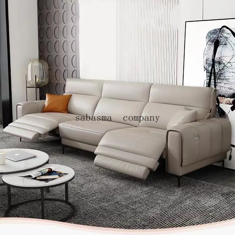 Leather sofa electric function sofa living room modern light luxury head layer cowhide straight row three-person SOFA