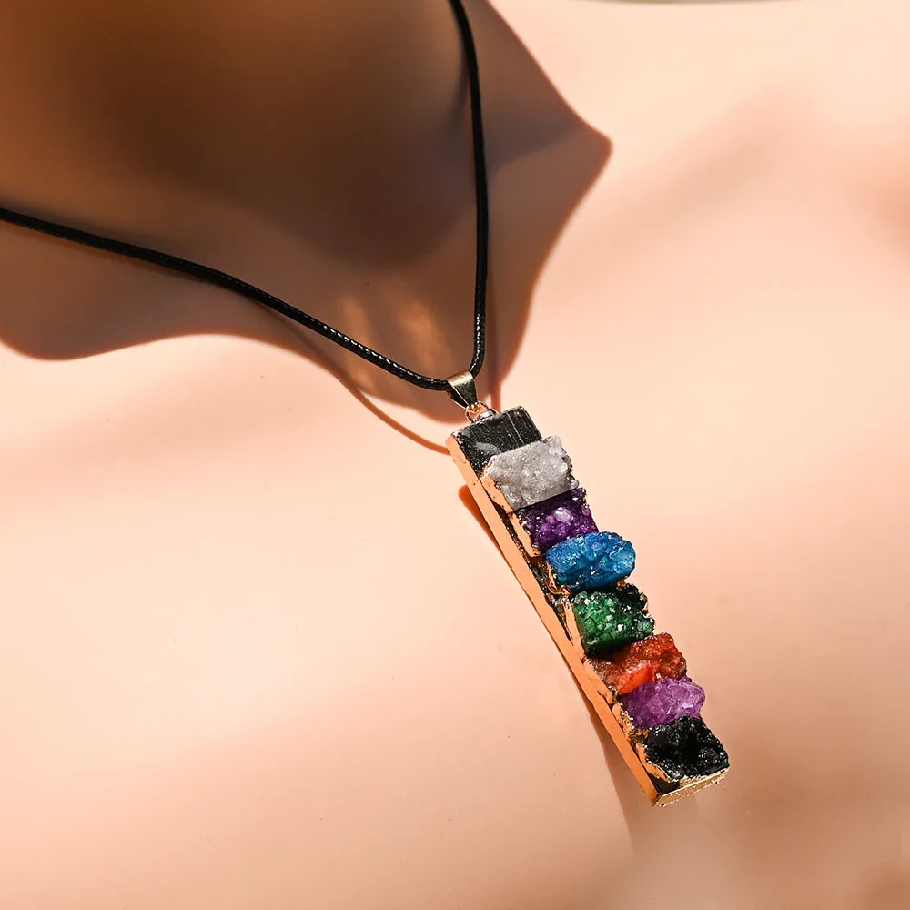 Natural crystal gilt ore Moroccan gypsum inlaid with colorful crystal cluster teeth colorful rectangular necklace jewelry