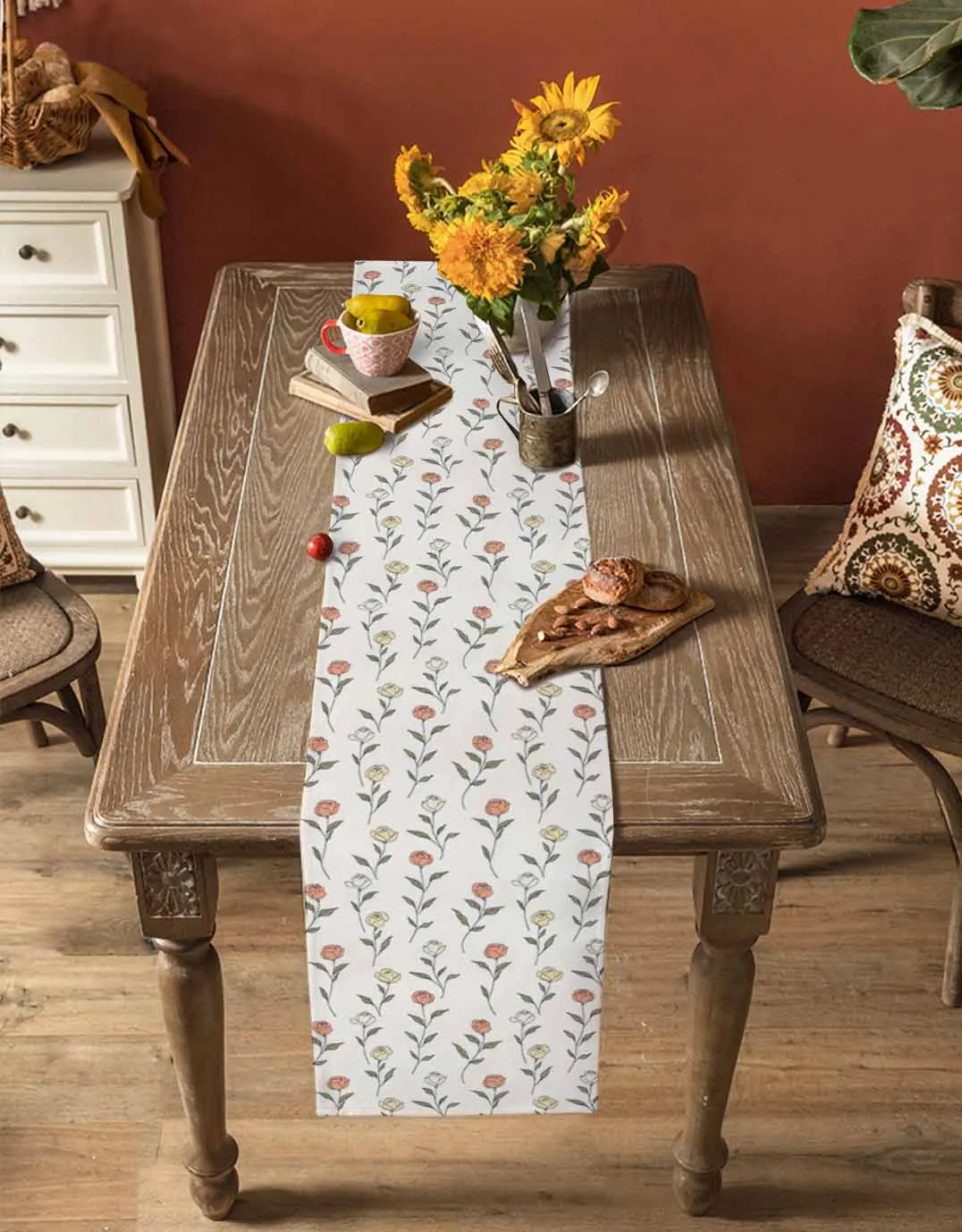 

Hand Drawn Flower Leaves Table Runner Cotton Linen Wedding Table Decor Tablecloth Kitchen Decor Table Runner