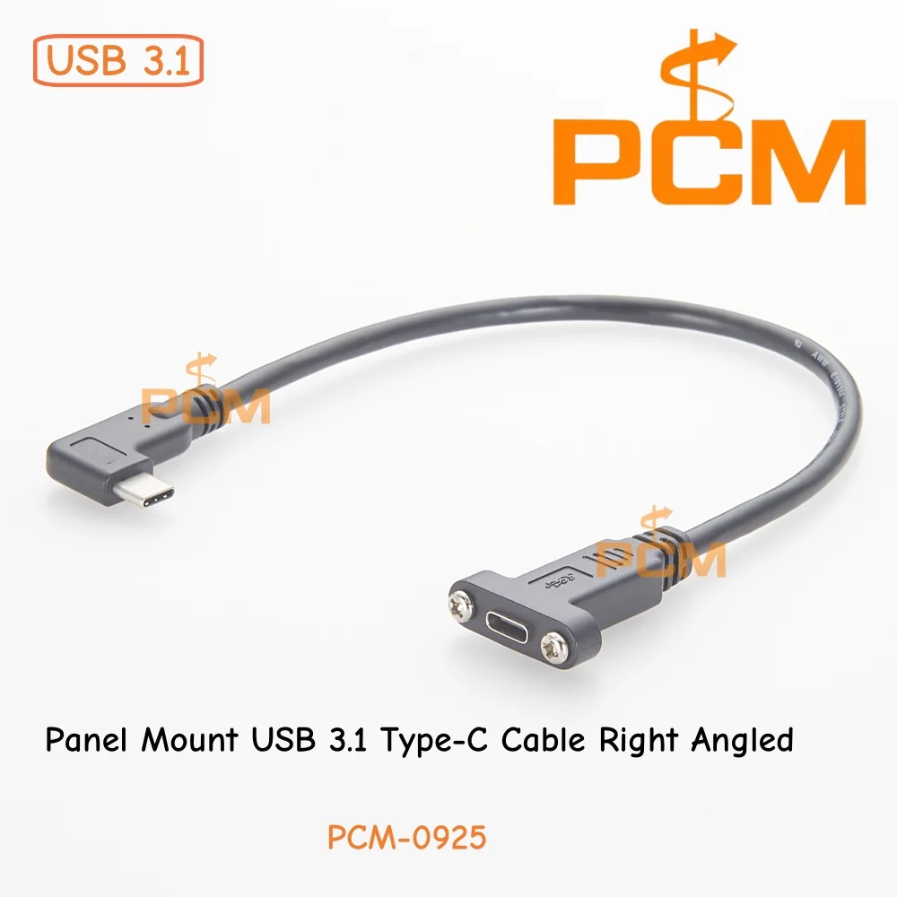 Panel Mount USB 3.1 Type C Extension Cable Right Angle USB C Female to Male Adapter Screw Locking Connector
