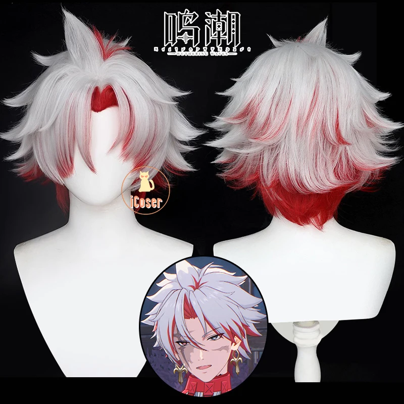 Wuthering Waves Scar Cosplay Wig 30cm Red White Short Hair Fractsidus Overseer Member Huanglong NPC Halloween Party Women Men