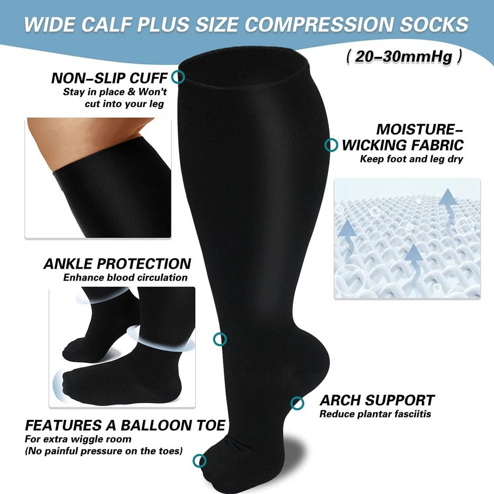 1Pair Plus Size 2XL-7XL Athletics Compression Sleeves Leg Calf Men Stockings Medical Varicose Veins Sock Anti-Fatigue Solid Sock