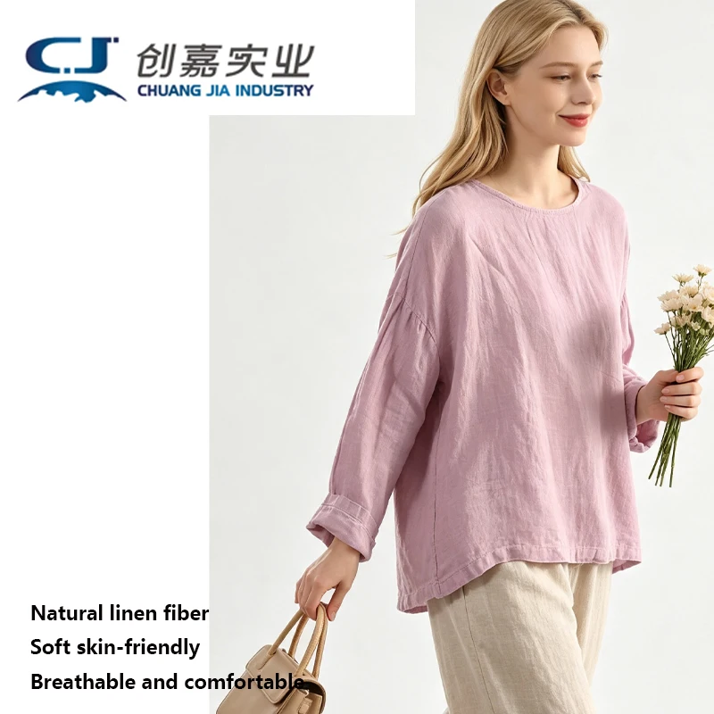 Natural Pure Linen Women's T-shirt, Grey Long-sleeved Round-neck Pair, Simple, Loose, Comfortable, Sweat-absorbent and Cool