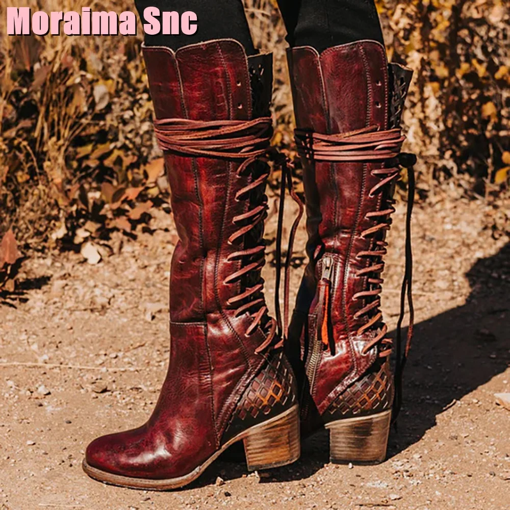 Vintage Lace Up Hollow Cowboy Boots Block Mid Heel Women Knee High Boots Pointed Toe Burgundy Solid Fashion Side Zipper 2023 New