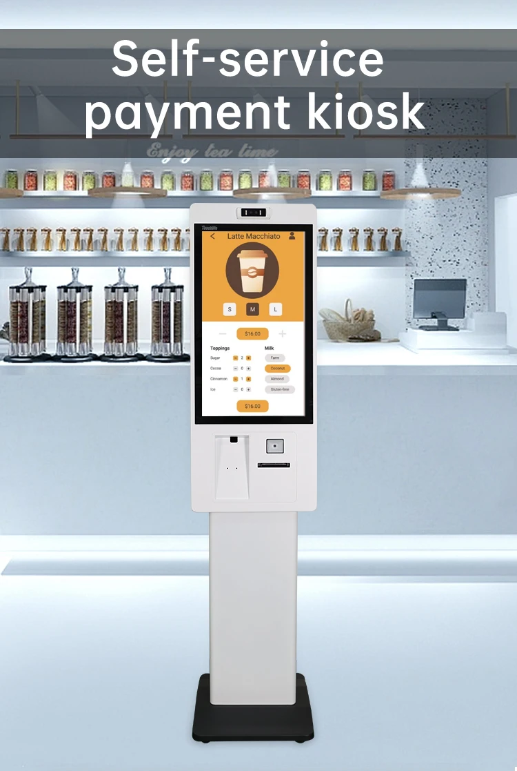 High-End 21 24 27 32 Inch Self-Ordering POS System Touch Kiosk OEM Thermal Printer/Scanner/Card Reader Floor Stand SDK Function