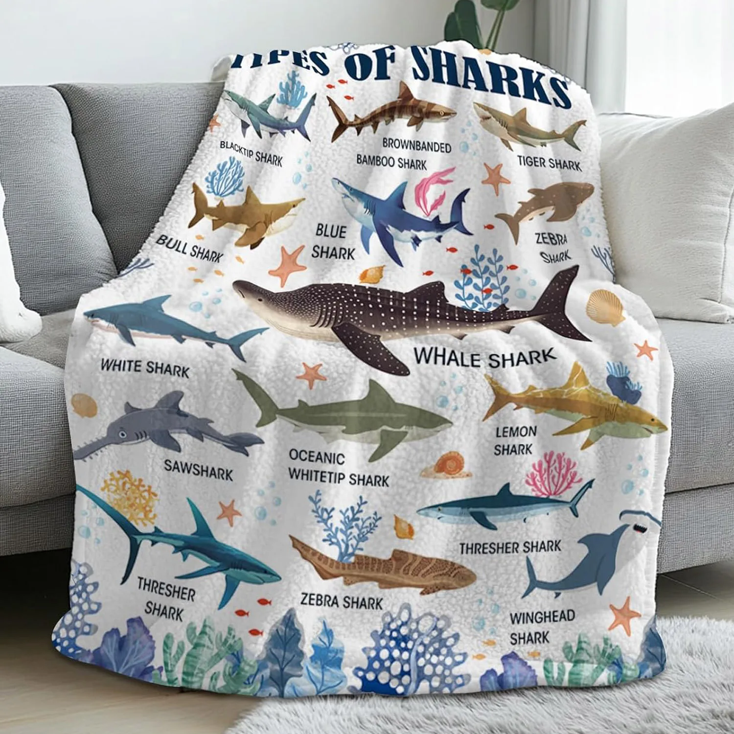 50x60 in Ocean Whale Dolphin Shark Flannel Blanket Boys Kids Shark Blanket Soft Warm Cozy Blue Theme Blanket for Sofa Bed Travel