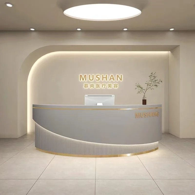 ديكور مكتب الاستقبال الحديث، مكتب الاستقبال، عيادة، مكاتب الاستقبال البيضاء المقوسة، صالون التجميل، أثاث Mostrador De Tienda #5