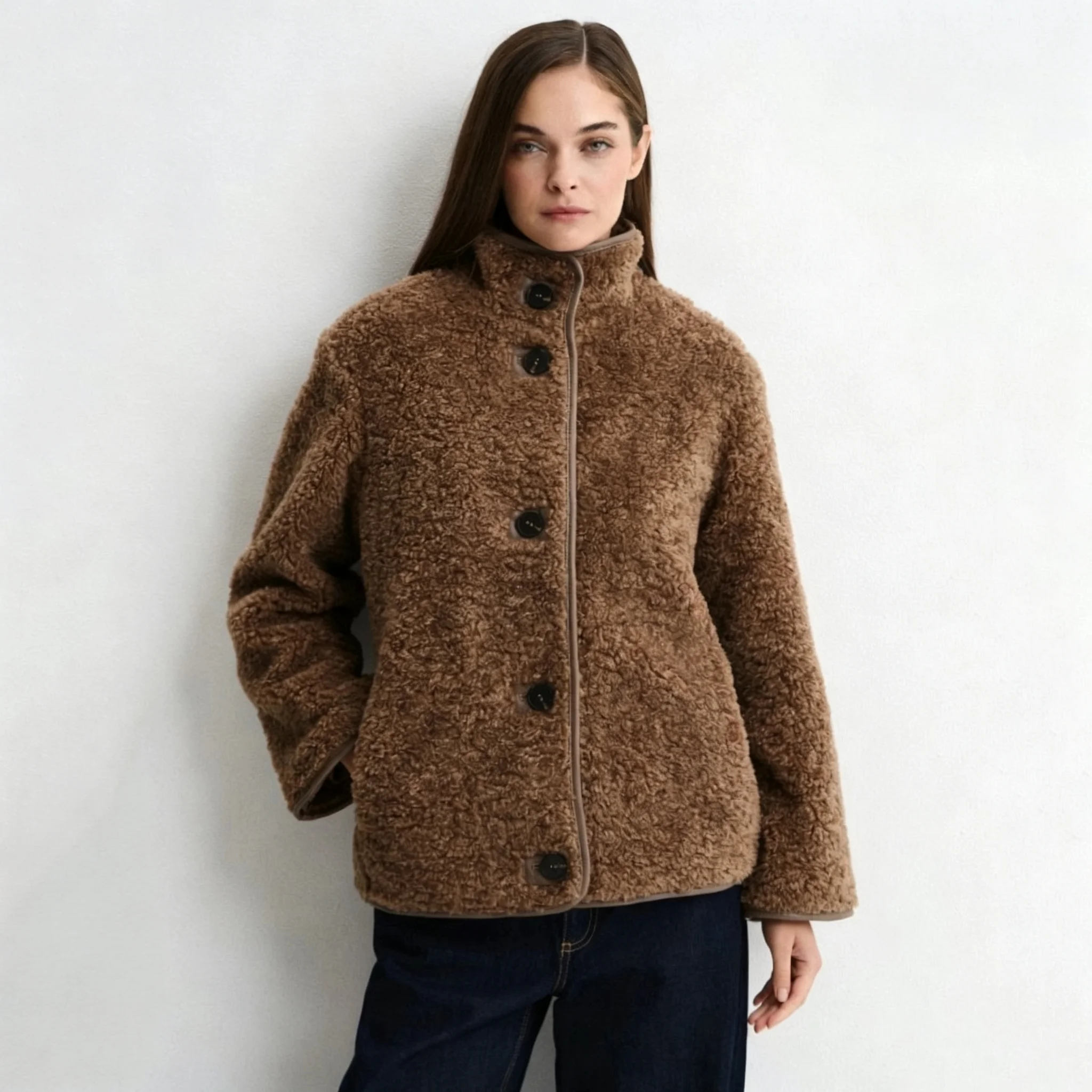 RU 2026 Women Sherpa Teddy Coat Autumn Winter Button Front Curly Fleece Jacket Loose Fit Thick Warm Casual Outerwear