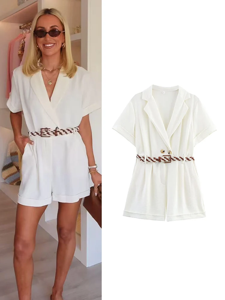 

TFMLN женский модный короткий комбинезон с поясом, новинка 2025 года, шикарный однотонный короткий комбинезон с короткими рукавами, женская повседневная одежда для поездок на работу