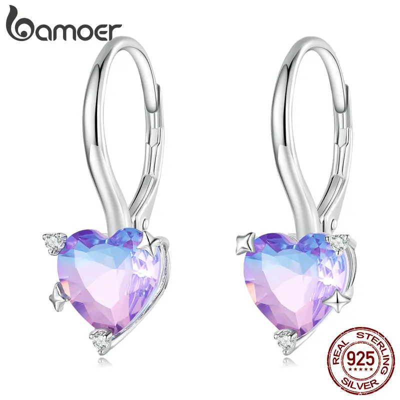 Bamoer 925 Sterling Silver Blue and Purple gradual changing Glass Heart Hoop Earrings for Women Sweet Romantic Jewelry BSE743