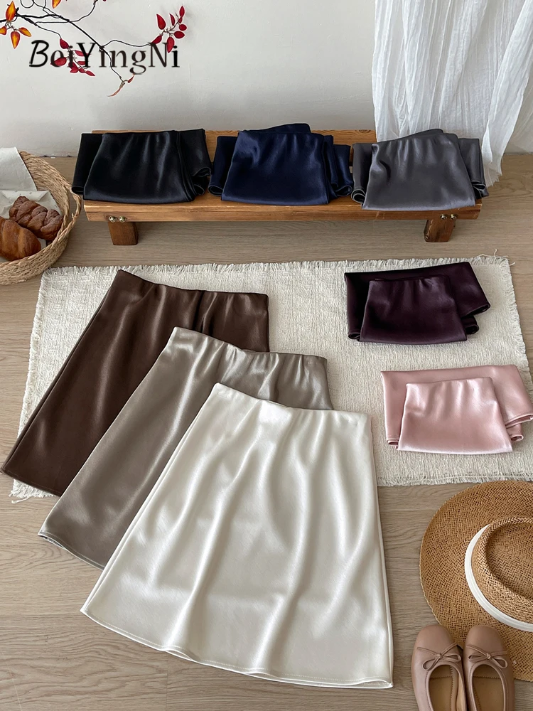 Beiyingni New Arrivals Woman Satin Skirts Senior Classy Plain Casual Short A-line Skirt Ladies  Commute Cozy Slim Pack Hip Skirt