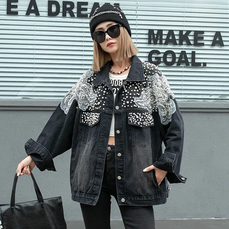 Chaqueta vaquera corta Vintage coreana para mujer, chaqueta vaquera de manga larga con solapa y lentejuelas con cuentas de perlas para primavera y otoño, chaqueta informal femenina