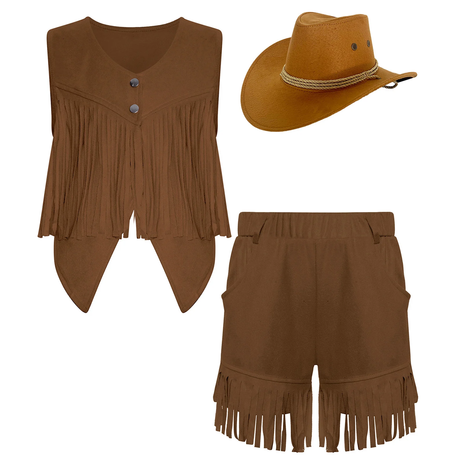 Kids Western Cowgirl Cowboy Cosplay Outfits Set Unisex Sleeveless Fringe Vest and Shorts with Hat Suit for Carnival Halloween view 3