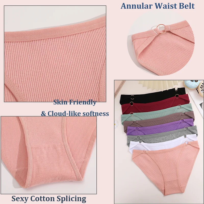 2PCS Women\'s Cotton Panties Sexy Intimate Breathable Underwear Solid Color Comfortable Ring Lingerie Briefs Fashion Underpants