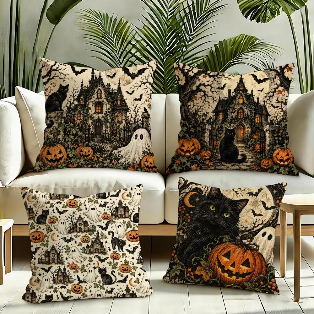Halloween Haunted Cushion Cover Silky Short Plush Invisible Zipper Dustproof Sofa Pillow Case for Home Decor