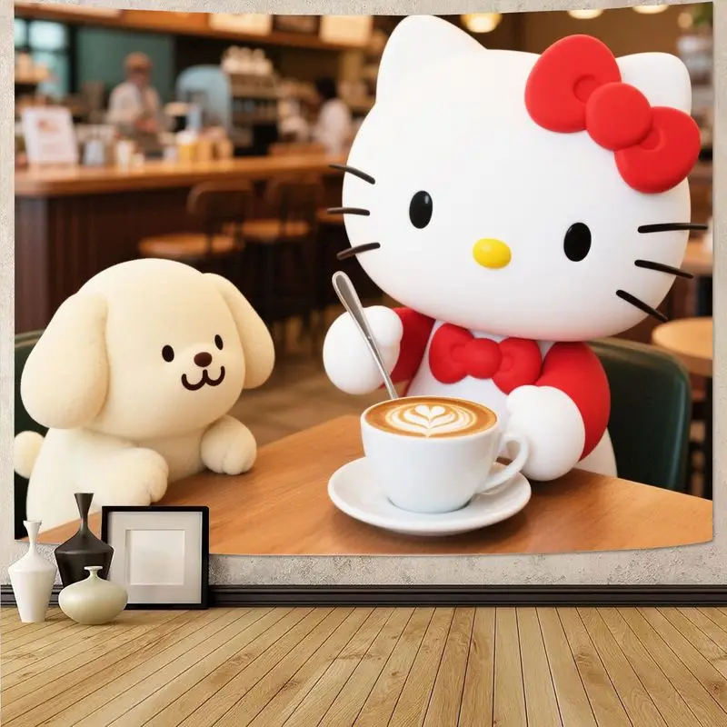 

1 шт. Sanrio Hello Kitty Pompompurin кофейный гобелен, кавайные эстетические настенные рисунки из полиэстера для спальни, гостиной, декора в общежитии,