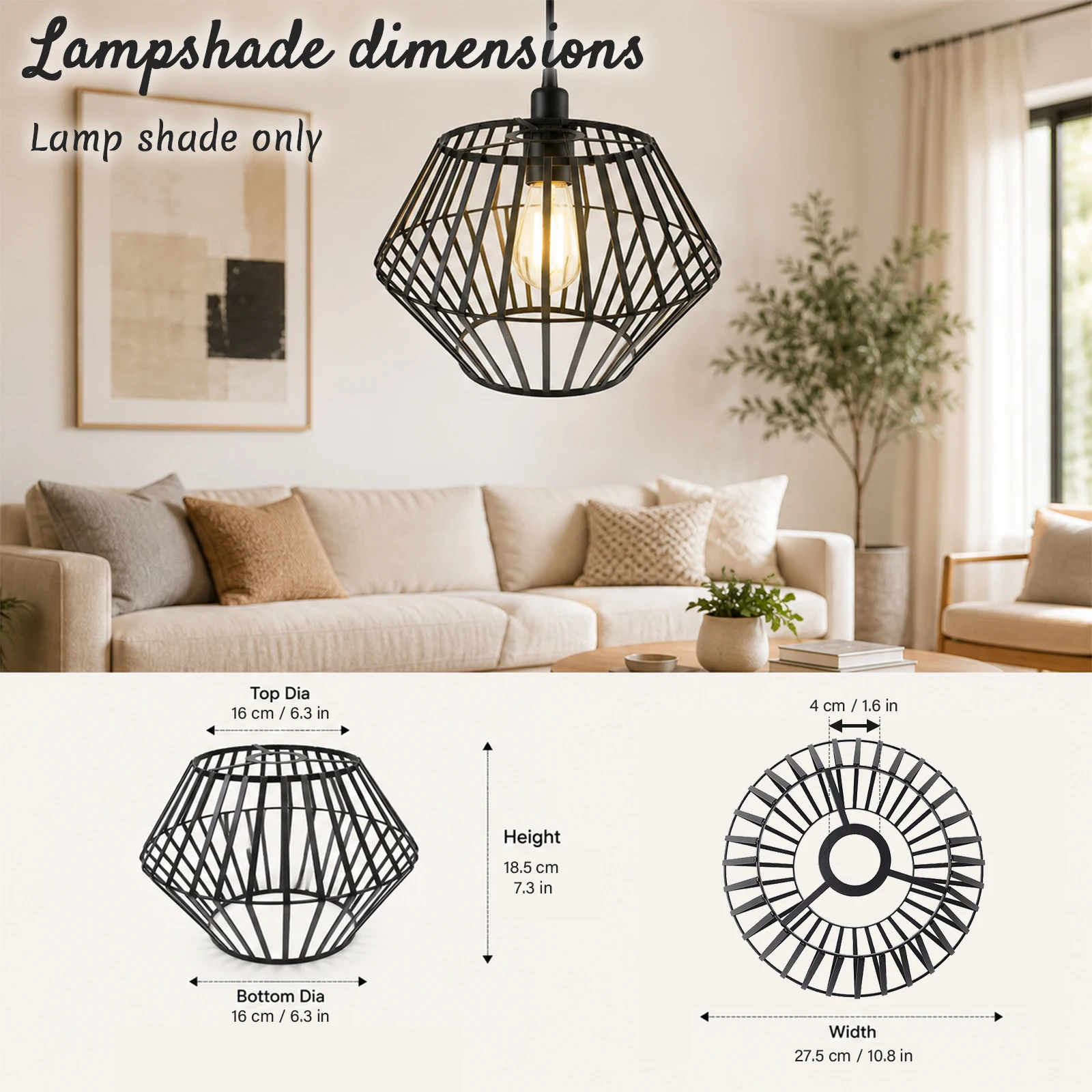 Farmhouse Chandelier Shade, Black Geometric Diamond Cage for Pendant Light E27 Decor