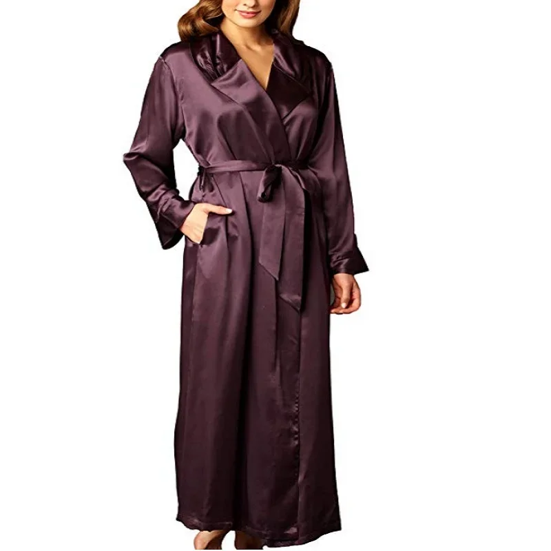 Womens Solid Colored Mulberry Silk  Robe, Long Dressing Gown