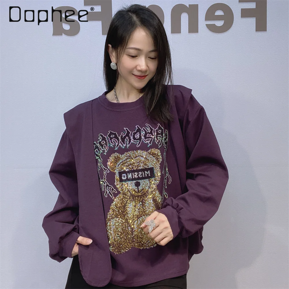 

High-end Rhinestone Round Neck Long Sleeve T-shirt for Women 2025 Autumn Loose Casual Oversized Shawl Fake Two-piece Top Trendy