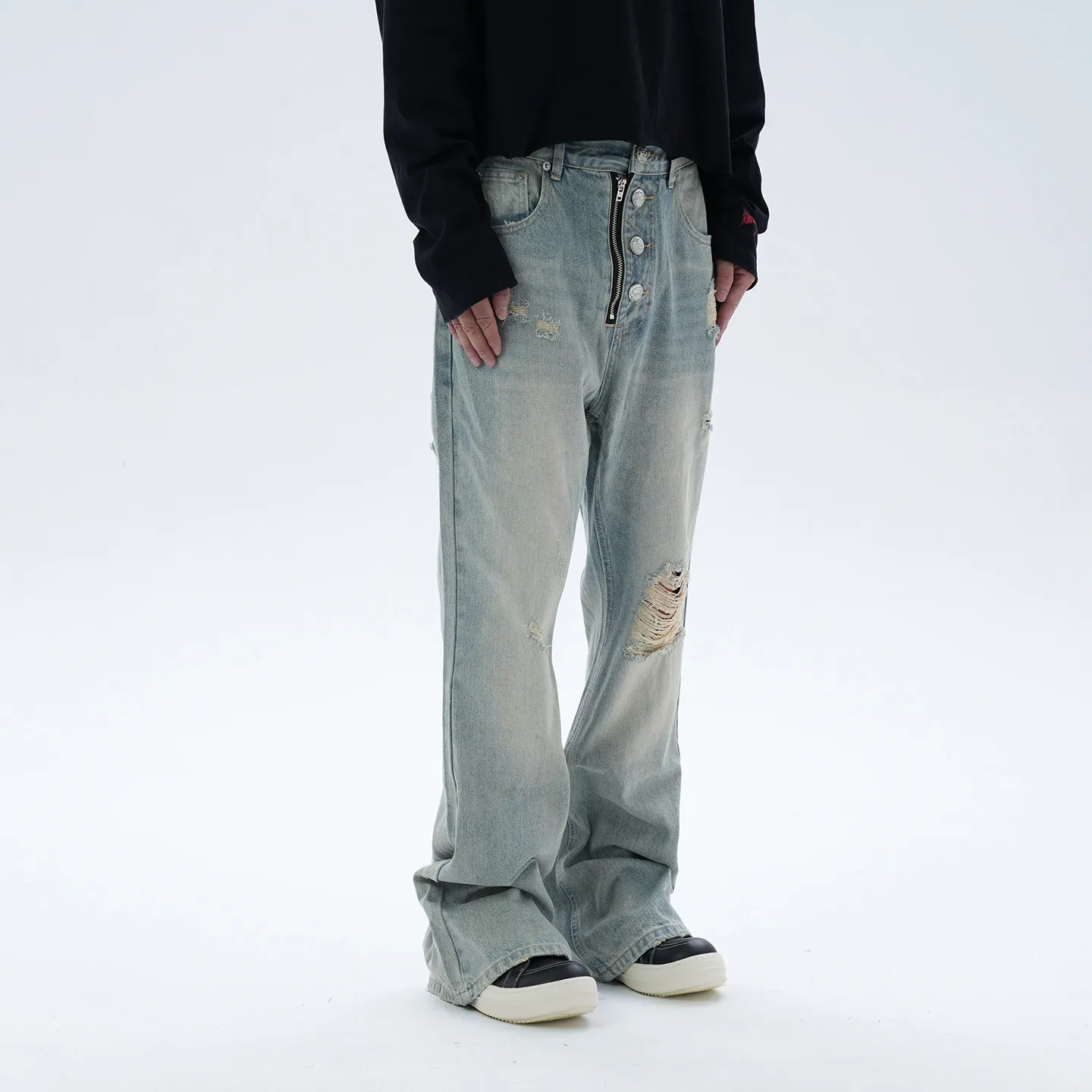 Fashion American Retro High Street Zipper Yellow Washed Distressed Brushed Ripped Skinny Jeans for Men