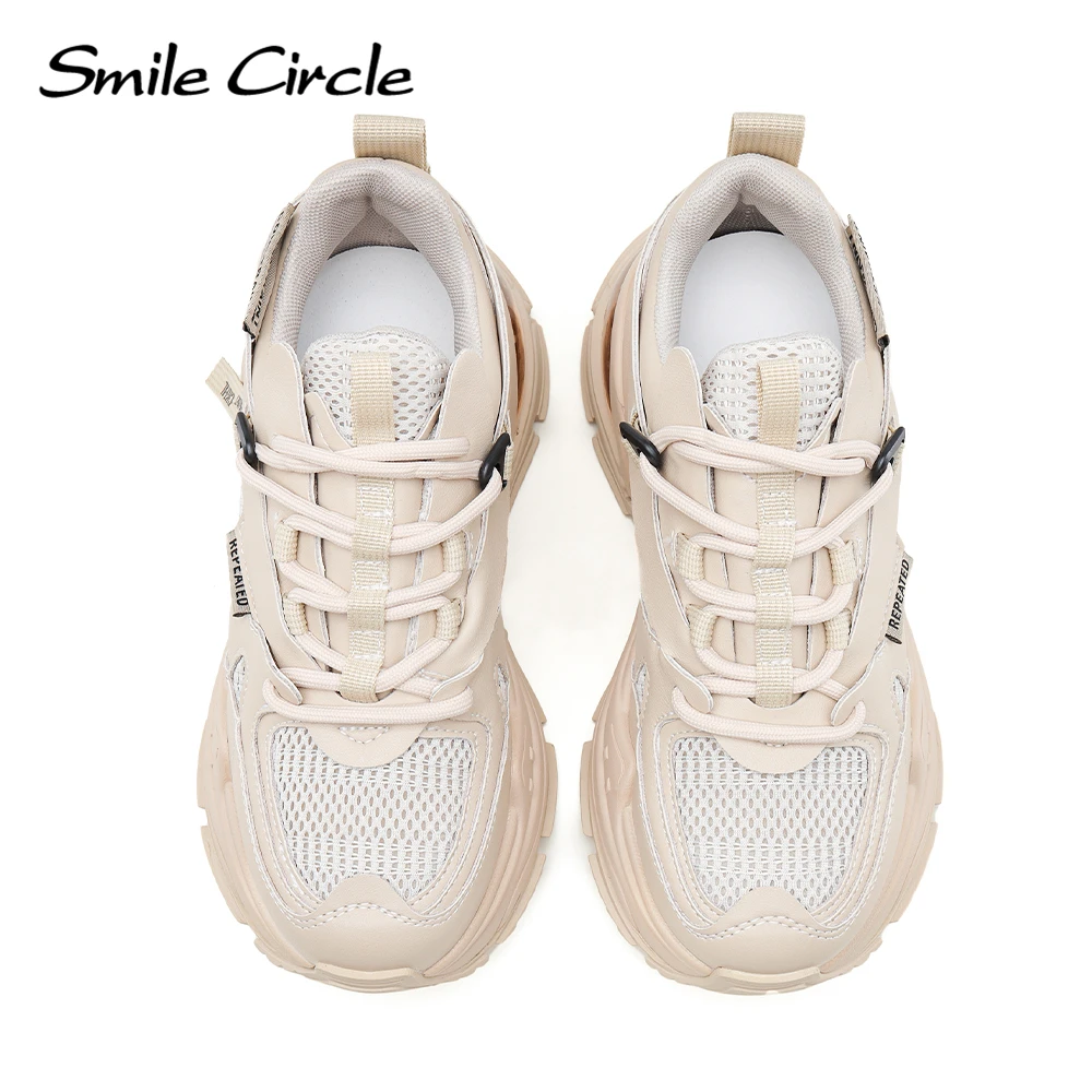 Smile Circle Chunky Sneakers Women Flat Platform Sneakers Lace-up Casual Round toe Sneakers Ladies Shoes Trainers