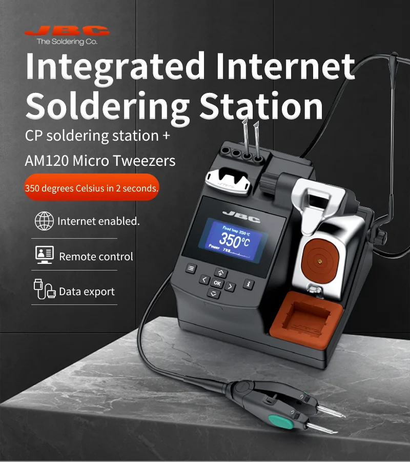 Original JBC CP-2HQF Precision Rework Soldering Station With AM120 Adjustable Micro Tweezers and C120 Series Soldering Iron Tips