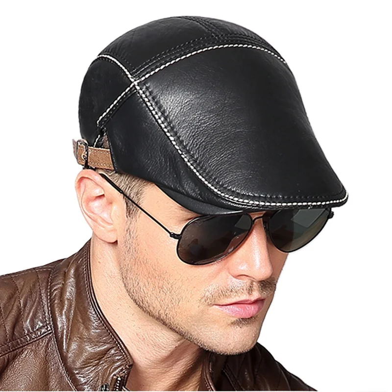 

2026 Spring Man Genuine Leather Cowhide Beret Hats Male Fashion Forward Caps Duckbill Adjustale Casquette Boina Trucker Cap