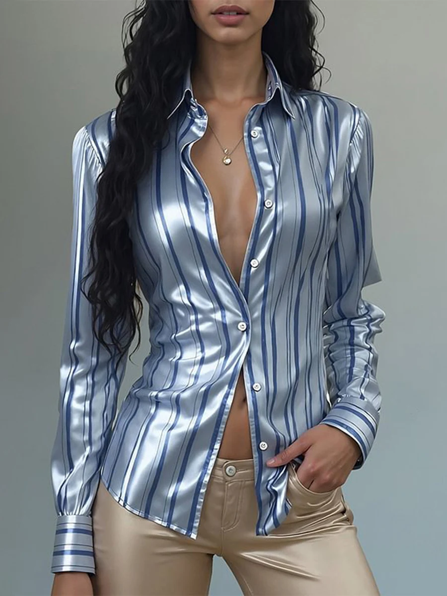 

Satin Striped Shirt for Women Long Sleeve Slim Fit Blouse Vintage Single Breasted Button Down Top Retro Turndown Collar Blouse