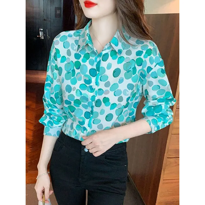 2023 New Spring and Summer Commuter Simple Printed Polo Collar Button Long Sleeve Cardigan Loose Casual Versatile Women\'s Shirt