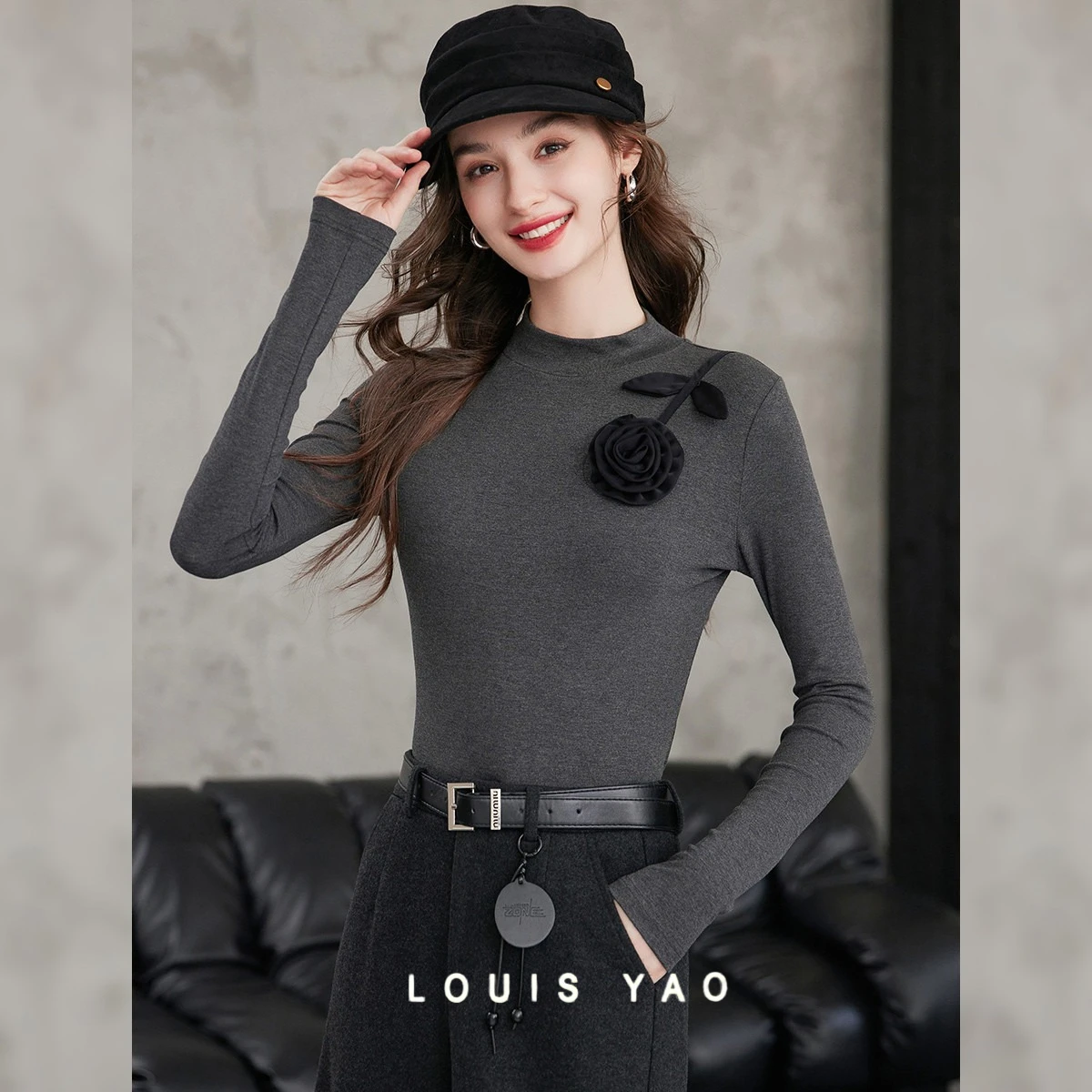 

LOUIS YAO, новый пуловер с 3D цветочным принтом, футболка с длинными рукавами, осень-зима 2022, слегка растягивающиеся офисные женские футболки