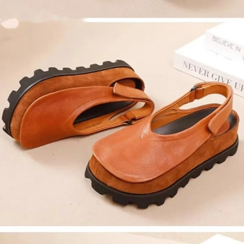 أحذية منصة مسطحة صناديل للنساء جلد ناعم حذاء بدون كعب ماركة ضحلة ريترو المرأة أحذية رياضية الصيف Slingback Sandalias #3