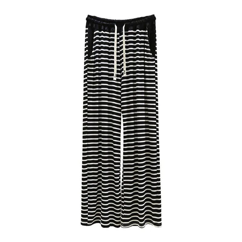 Celana Kasual Modal Besar untuk Wanita, Celana Lurus Bergaris Tipis, Celana Lebar, Celana Santai Longgar dengan Kantong, Celana Piyama Rumahan