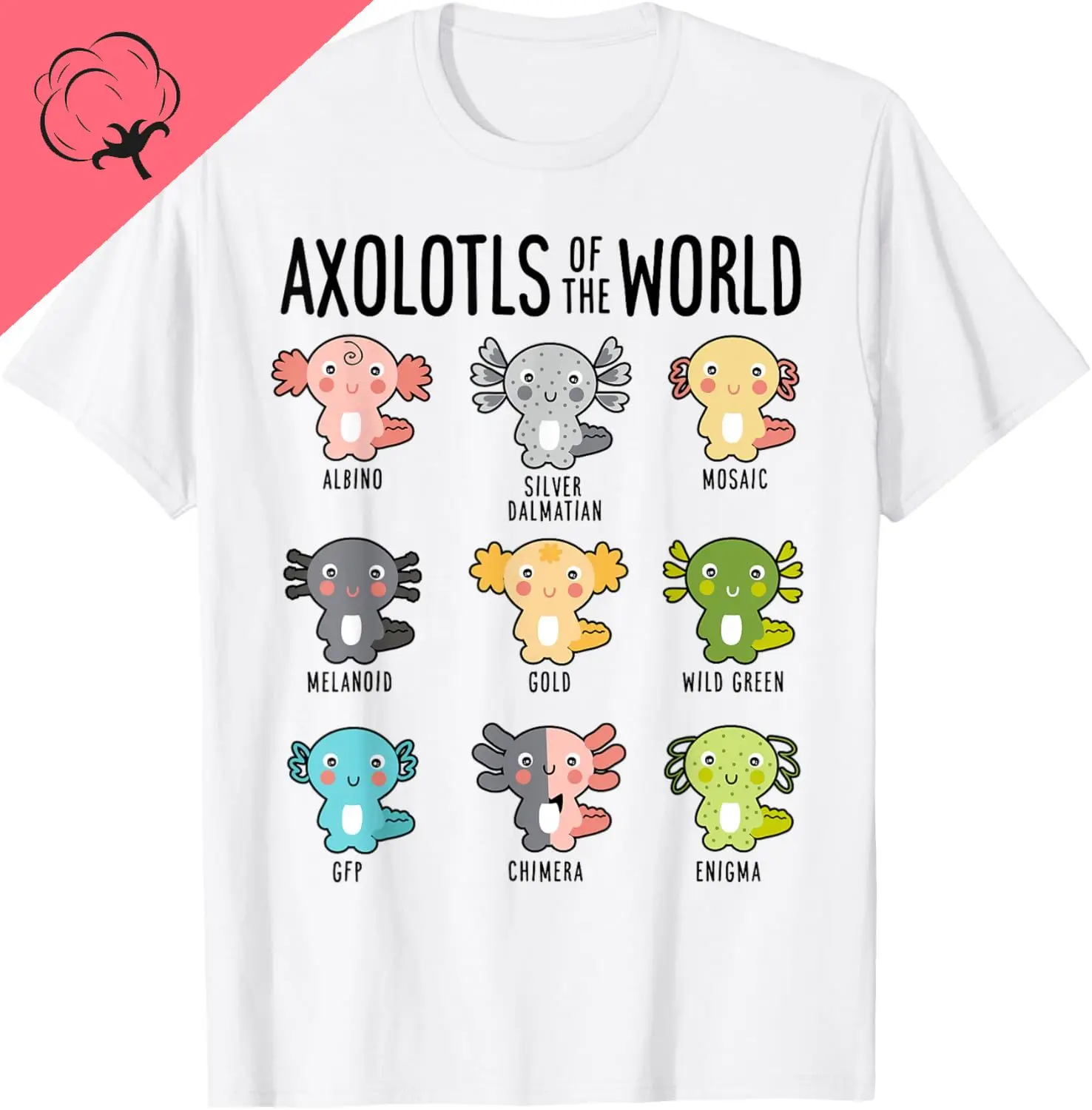 Axolotls of The World Kawaii Types of Axolotl Fish Amphibian T-Shirt Cute Tshirts Women Clothing Tops Cotton Kawaii Clothes