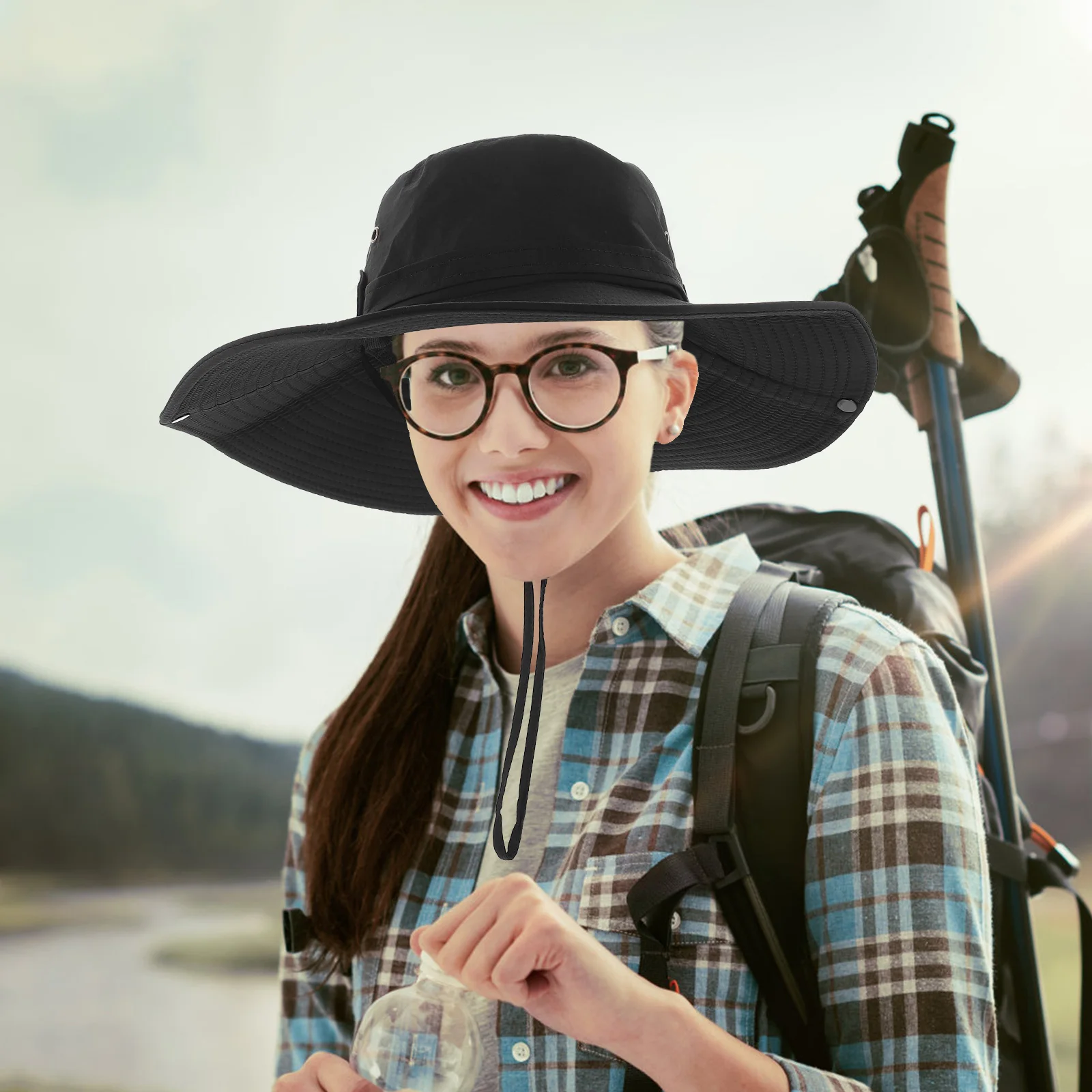 

Drawstring Fisherman Hat Large Brim Sun Outdoor Hats UV Protection Beach Women Bucket Cow Boy Sunhat Summer Climbing Travel