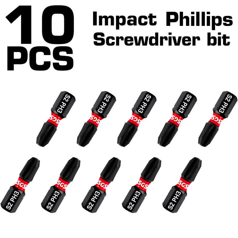 10-teiliges Set Pz1/2/3, Ph1/2/3 Schlagschrauberbits, 25mm, Magnetisch, Anti-Twist, Hohe Härte, S2-Stahlmaterial, Universal 1/4' Sechskant S – Detail 3