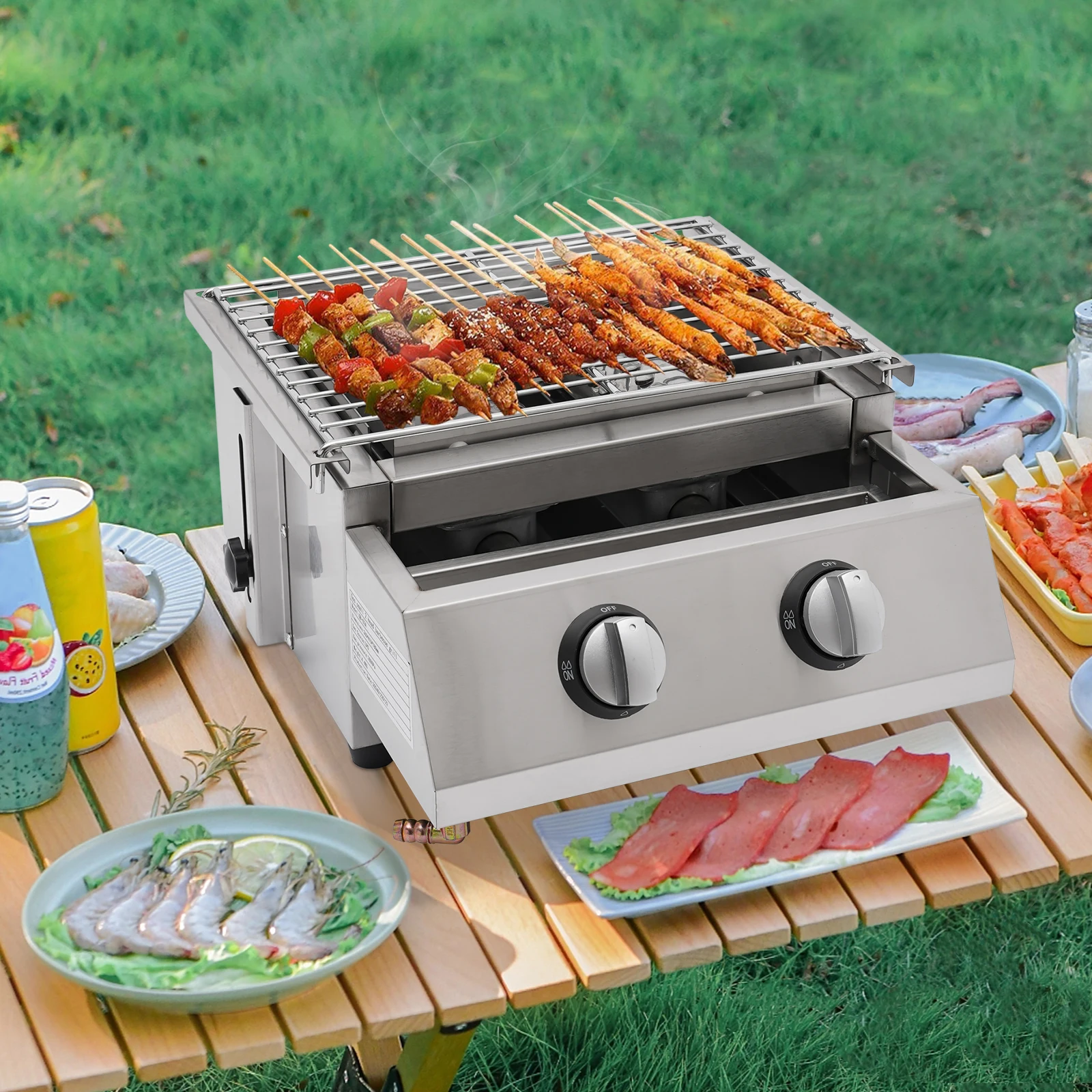 Camping BBQ Tabletop 2 Burner Gas Grill Outdoor Steel Shield Stainless Steel