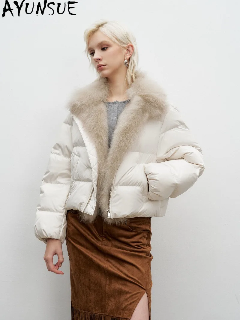 AYUNSUE White Goose Down Coat Lady Winter Clothes Genuine Fox Fur Collar Three-Proof Clothing Fluffy Fashion Puffer Jacket Women